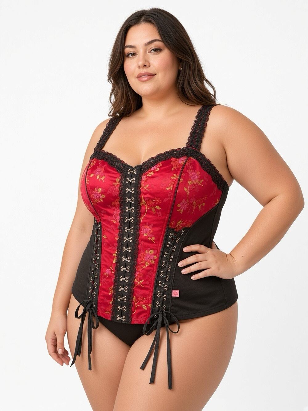 Vintage Tripp NYC Red Black Floral Bustier Corset 2X Lace-Up Fits XL-2X Y2K Goth